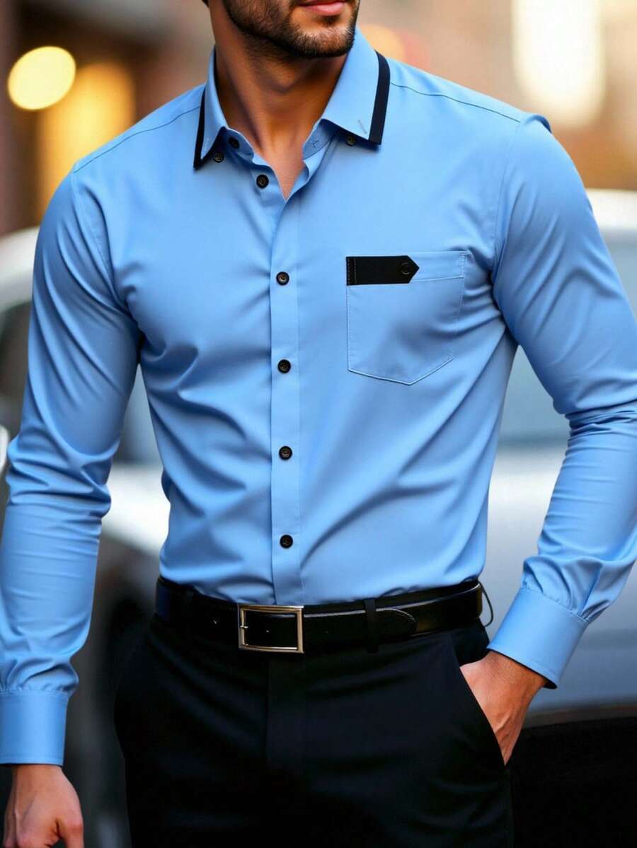 Manfinity Mode 男士商务拼色胸前带设计长袖衬衫 - 藍色 - 查看 1
