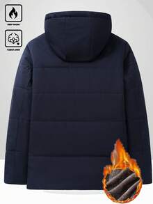 Manfinity Homme 男士秋冬时尚口袋保暖加厚羽绒服，可拆卸帽子，休闲宽松绗缝外套，藏蓝色，商务休闲两相宜，男士保暖加厚羽绒服，男士冬季外套，男士保暖加厚夹克，男士冬季派克大衣，男士连帽冬季外套，加厚羽绒服，男友/老公礼物，周年纪念礼物，男士休闲夹克，男士冬季外套，男士保暖外套 - 寶藍色 - 查看 2