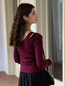 Dazy Kids Teen Girl Casual Everyday Commute Minimalist Solid Color Ribbed Asymmetrical Neck Fitted T-Shirt, Spring/Autumn - Red Violet - View 6