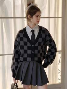 Dazy Kids 少女格纹落肩长袖休闲宽松针织开衫，秋冬 - 灰色 - 查看 1