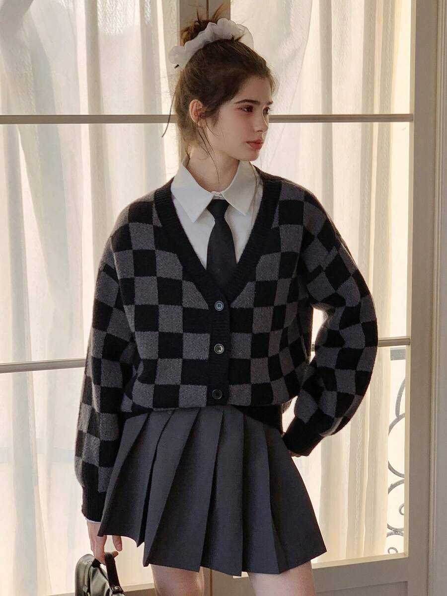 Dazy Kids 少女格纹落肩长袖休闲宽松针织开衫，秋冬 - 灰色 - 查看 1