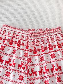 1 Set Teen Girls' Christmas Red Fair Isle Snowman & Deer Print Flame Retardant Cardigan Long Sleeve & Pants Pajama Set
