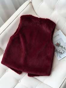 Franclia 女式纯色无袖短款人造毛皮背心 - 酒紅色 - 查看 2
