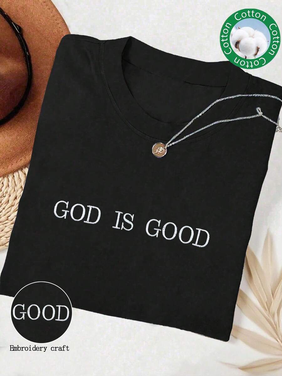 INAWLY 上帝是善良的刺绣简约基督教信仰舒适彩色衬衫，信仰衬衫，信仰T恤，教会团体衬衫，女士刺绣圆领T恤 - 黑色 - 查看 1