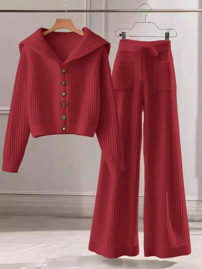Franclia 2pcs Women Casual Solid Color Knit Sweater Set, Collared Button-Up Cardigan And Front Bow Pocket Knit Pants