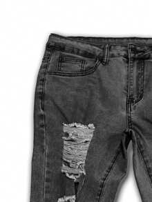 Manfinity Roughcore Stylish Grey Denim Skinny Jeans For Men With Ripped Details Long Length - Grey - View 4