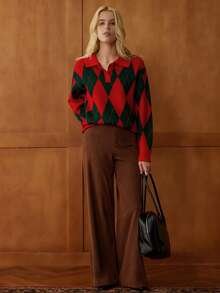 Elnivra Áo len chui đầu tay dài cổ polo kiểu Pháp, họa tiết kim cương, thiết kế cài nửa nút, màu kaki, dành cho nữ, mùa thu/đông - Đỏ - Xem 3