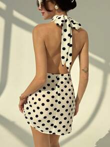 Aloruh 女式简约通勤系带露背紧身褶饰白色波尔卡圆点迷你连衣裙 - 黑與白 - 查看 3