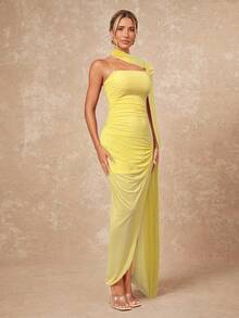 Lumalex Vestido extra largo para mujer con cuello de bufanda, busto fruncido y abertura lateral - Amarillo - Ver 4