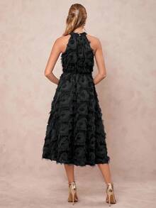 Amorya 女式优雅提花纹理挂脖收腰 A 字连衣裙，春夏 - 黑色 - 查看 2