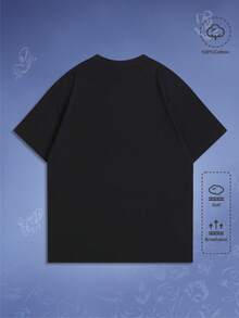 ROMWE MEN Corpse Bride | ROMWE Summer Valentine 'Sday Casual Graphic Men'S Cartoon Character And Letter Printed Loose Shoulder Short Sleeve T-Shirt, Summer, School, 2000S Style - Black - View 2