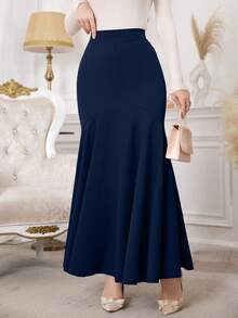 Modelyn Fitted High Waist Mermaid Flare Hem Women Skirt - Navy Blue - View 3