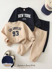 Cozy Pixies 4件套男婴卡通幽灵图案针织柔软圆领长袖卫衣和松紧腰束脚裤套装 - 棕色 - 查看 3