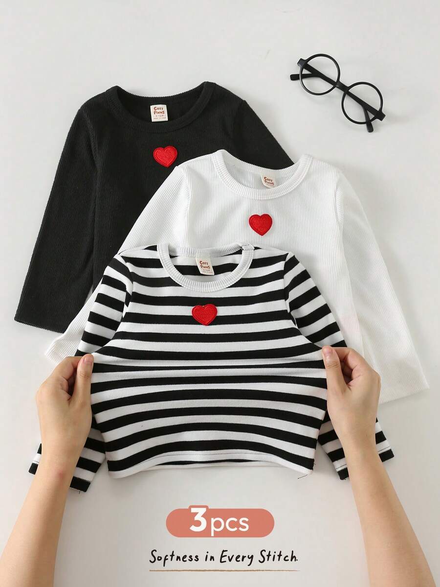 Cozy Pixies 3件套女婴心形图案针织柔软圆领长袖套头衫套装 - 黑與白 - 查看 1