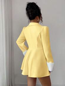 Selianne 女士貂皮翻领袖口腰部 A 字型优雅日常通勤厚羊毛大衣 - 黃色 - 查看 2