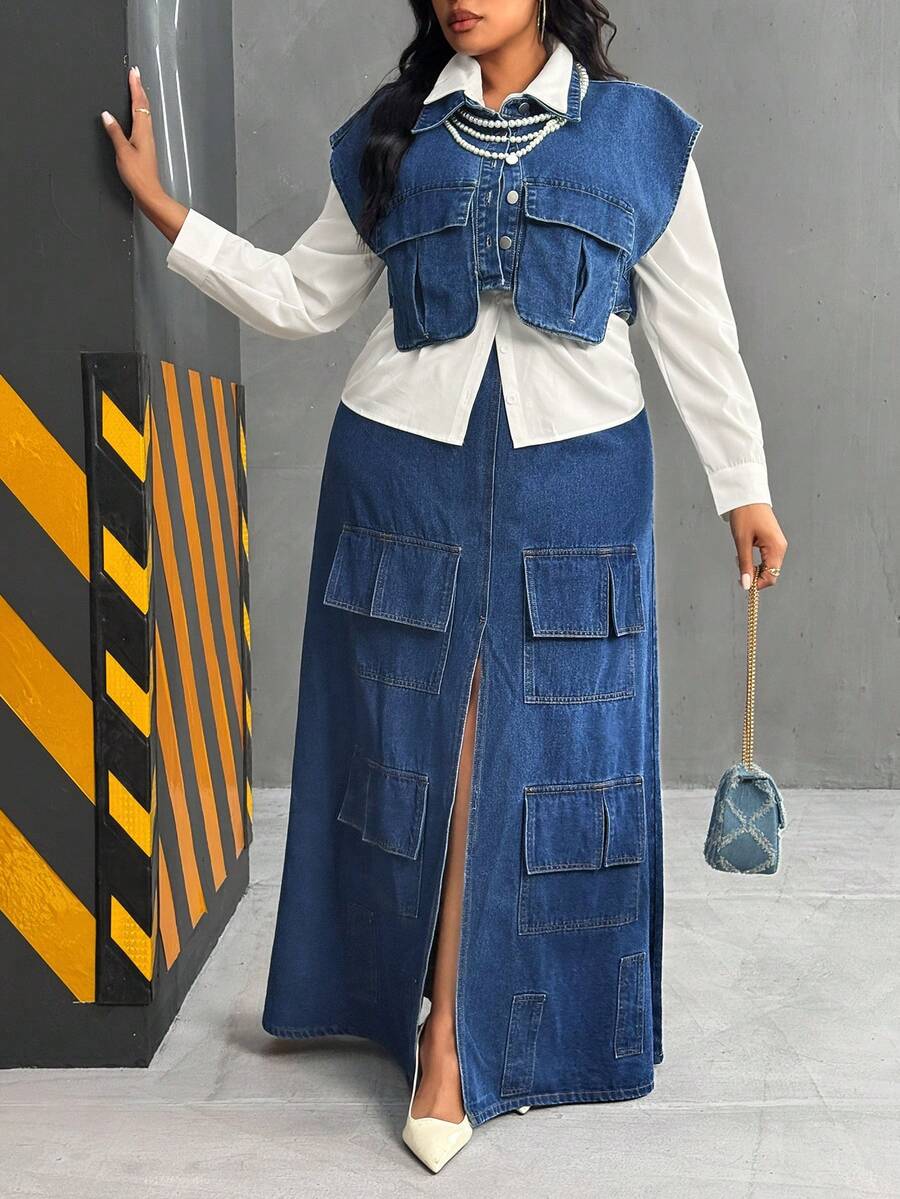 Slaydiva Blusa de manga corta versátil y casual para mujer de talla grande - Azul lavado medio - Ver 1
