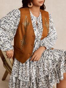 Nubod 大码女式无袖秋冬夹克，西部牛仔风格绒面革羊毛休闲外套，百搭大码背心 - 棕色 - 查看 5