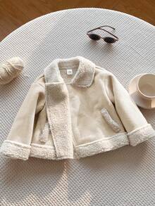 SHEIN Unisex Baby Khaki Patchwork Fluffy Thickened Suit Collar Jacket, Suitable For Baby Boys And Girls In Autumn/Winter - Apricot - View 8
