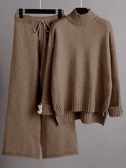 Franclia Set de 2 piezas de top de manga larga con cuello alto y pantalones de unicolor, conjunto casual de punto