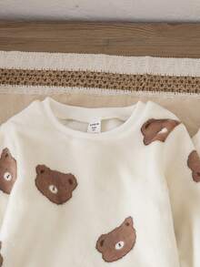 秋季小男孩休闲熊印花圆领运动衫和慢跑裤套装 - 杏色 - 查看 5