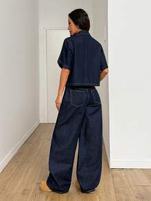 SHEIN PETITE 女士四季原创牛仔水洗舒适休闲通勤牛仔两件套 - 深色水洗藍 - 查看 2