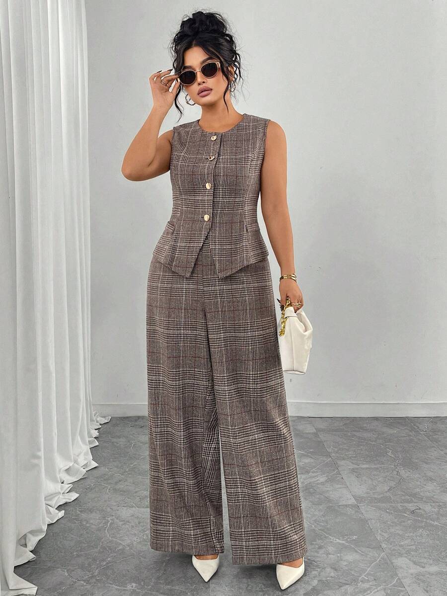 Elenzga 大码女式优雅通勤格子单排扣背心和阔腿裤两件套 - 棕色 - 查看 1