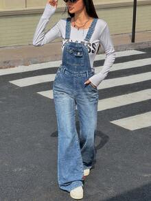 Rivivi 女士秋季休闲百搭喇叭形牛仔背带裤，带口袋，牛仔背带裤，牛仔连体裤，女士背带裤，牛仔连体裤，牛仔连身裤