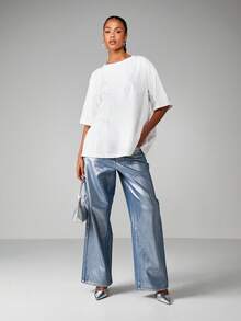 MISSGUIDED Tricou de vară pentru femei, cu mânecă scurtă, cu guler rotund, supradimensionat, cu detalii stras, stil casual, stil simplu - alb - Vizualizare 3