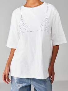 MISSGUIDED Tricou de vară pentru femei, cu mânecă scurtă, cu guler rotund, supradimensionat, cu detalii stras, stil casual, stil simplu - alb - Vizualizare 4