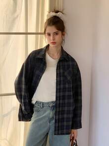 DAZY Teen Girl Casual Everyday Workwear Loose Fit Dropped Shoulder Plaid Print Long Sleeve Shirt, Spring/Autumn - Navy Blue - View 2