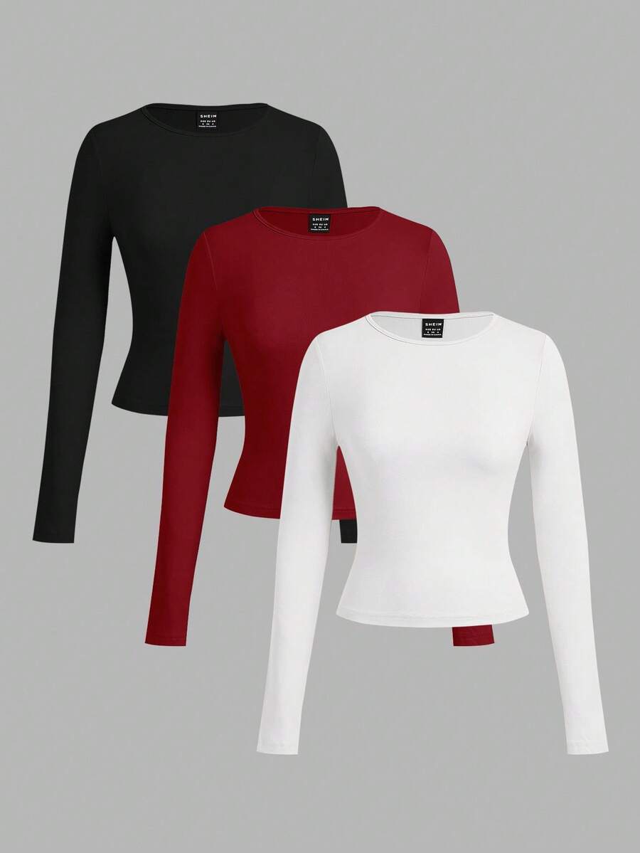 SHEIN EZwear 3 件套女士休闲宽领紧身长袖 T 恤套装，秋冬 - 彩色 - 查看 1