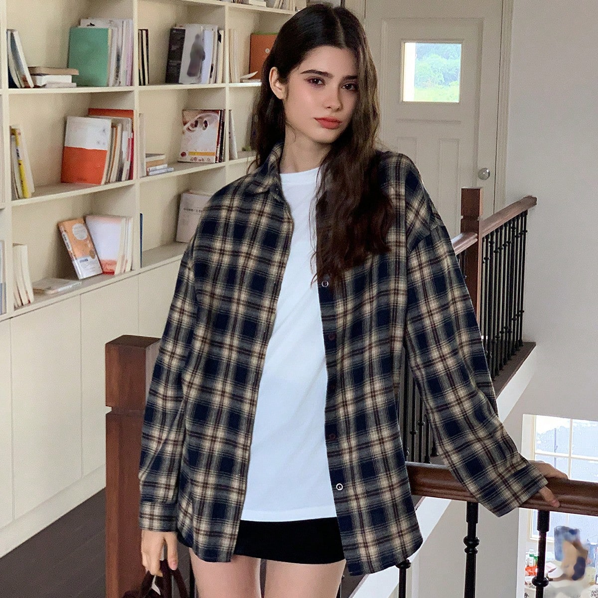 Camisa holgada de manga larga con botones y estampado de cuadros para adolescentes