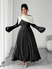 Elenzga Plus Size Women's Woven Regular Elegant Glossy Waist Cinched Black Dress, Autumn/Winter - Multicolor - View 4