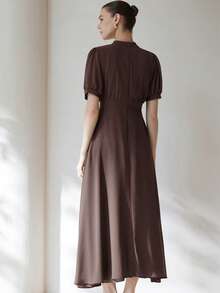 Aveloria Modichic 优雅女士雪纺连衣裙，褶皱胸部设计，公主袖，收腰喇叭裙，简约风格，通勤百搭，及膝长度 - 咖啡 - 查看 6