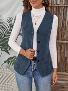 EMERY ROSE Plus Size Women's Solid Color Single-Breasted Casual Corduroy Vest Jacket/Winter - Blue - View 5