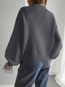 DAZY 新款秋季宽松休闲蕾丝拼布女式毛衣 - 灰色 - 查看 3