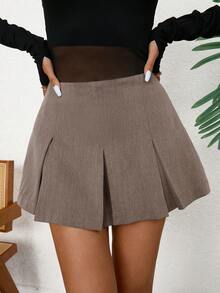 SHEIN Unity Women's Solid Color Pleated A-Line Skirt, Casual & Versatile - Khaki - View 5