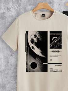 Manfinity Homme Moon & Black Hole Graphic Letter Print Casual Knit Khaki Short Sleeve Top & Black Pants Set, Plus Size Men - Khaki - View 2