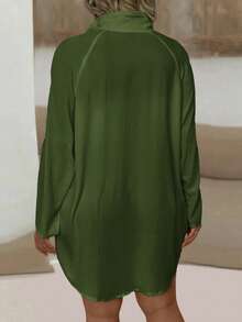 EMERY ROSE Plus Size Women's Solid Color Long Sleeve Single-Breasted Casual Loose Long Shirt - Army Green - View 2