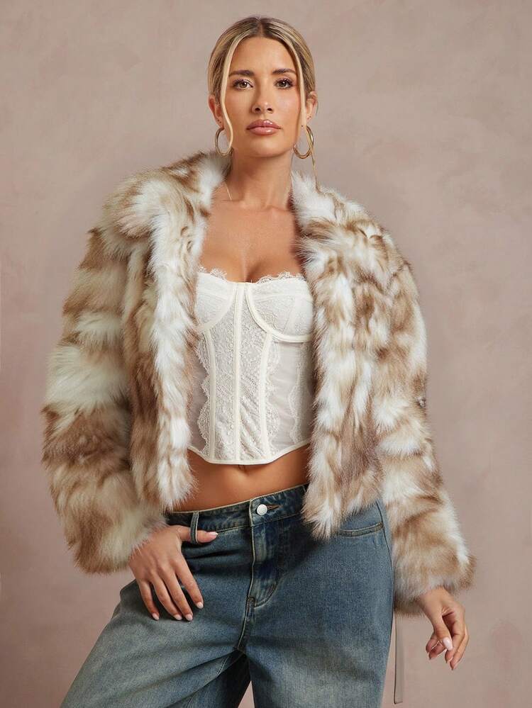 SHEIN Privé VITNOS Luxury Fashionable & Elegant Women's Loose Fit Long Sleeve Faux Fur Leopard Print Coat, Elegant And Sexy Outerwear With High-End Vibe, Autumn Winter Fashionable For Party Occasions Holiday Vacation Coat, New Year's, Party, Night Out, Dates, Cute Costume For Women, Wedding Guest, Graduation Prom Coat, Business Casual For Women, Teacher's, Luxury Evening Coat For Women, Elegant Coat For Parties, Birthday - Khaki - View 9