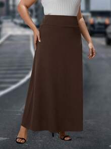SHEIN Clasi 大码女式纯色高腰优雅办公室半身裙，秋季 - 咖啡棕 - 查看 6