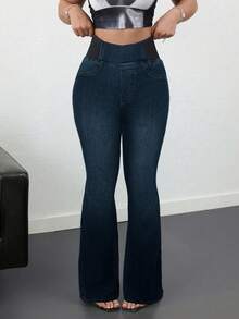 SHEIN Tall 女士牛仔裤休闲紧身弹力喇叭裤蓝色紧身牛仔裤高腰喇叭裤高腰女式牛仔裤夏季 - 深色水洗藍 - 查看 4