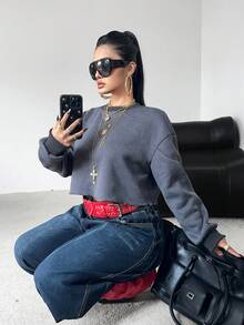 POPSWAY Damen Große Größen Rundhals Dropped Shoulder Langarm Thermofutter Lässiger Loose Pullover, Herbst/Winter