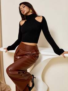 Lyxana Elegant Off-Shoulder High Neck Long Sleeve Knit Sweater - Black - View 1