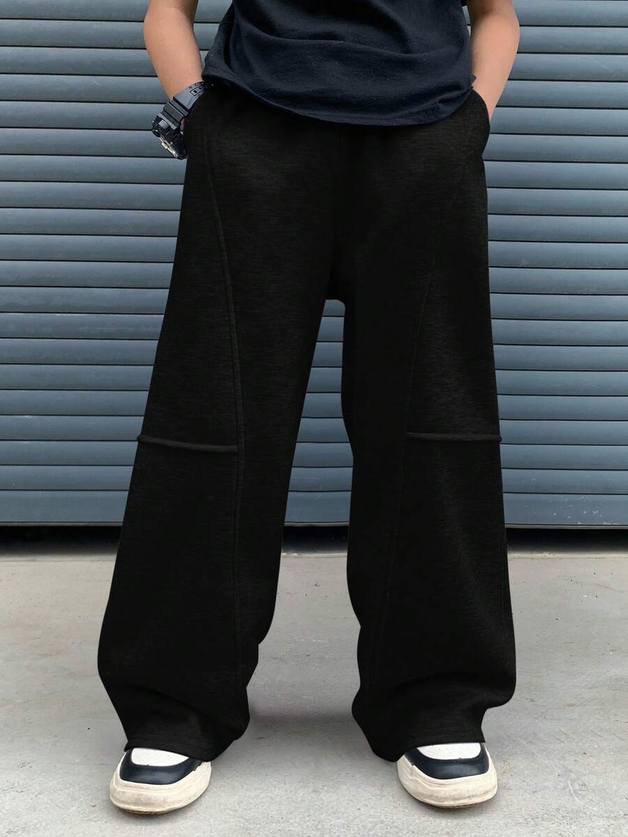 SHEIN 青少年男孩休闲百搭运动裤，适合通勤、上学、日常休闲装、运动、秋冬季 - 黑色 - 查看 1