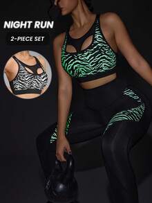 Innovista Conjunto deportivo de mujer con estampado animal clásico, top corto y leggings, de estilo reflectante y que brilla en la oscuridad, para correr de noche, entrenamiento, actividades al aire libre, ejercicio, ciclismo y uso diario. Diseño ligero, transpirable y funcional con detalles de malla y aberturas, ideal para entrenamientos, cardio y actividades en el gimnasio o al aire libre. - Negro - Ver 9