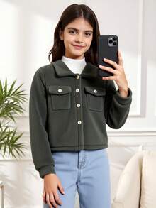 Solid Color Long Sleeve Collar Faux Fur Jacket For Tween Girl Fall Winter - Army Green - View 11