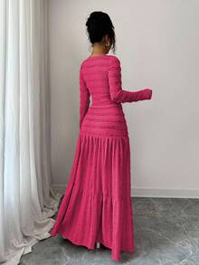 Selianne Conjunto de 2 piezas de mujer con blusa de manga larga de cuello cuadrado con botones y falda larga de línea A en tela texturizada rosa, estilo casual de vacaciones, otoño - Rosa Fucsia - Ver 2