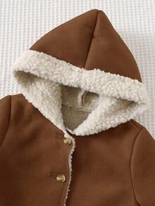 Cozy Pixies Baby Girl Suede Thermal Lined Contrast Color Long Sleeve Hooded Cardigan, Casual & Versatile In Fall/Winter - Coffee Brown - View 3