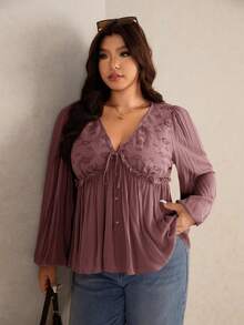 Elaquor Áo cánh tay đèn lồng xếp ly thêu khoét rỗng phía trước thời trang cho nữ cỡ lớn - Hồng - Xem 6